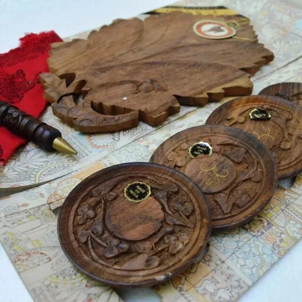 Vintage Mid Century Wooden Hand Carved Leaf Server, Coaster & Bottle Opener Set - Picture 4 of 5